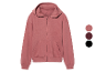 Roze hoodie met rits en drie kleuropties.