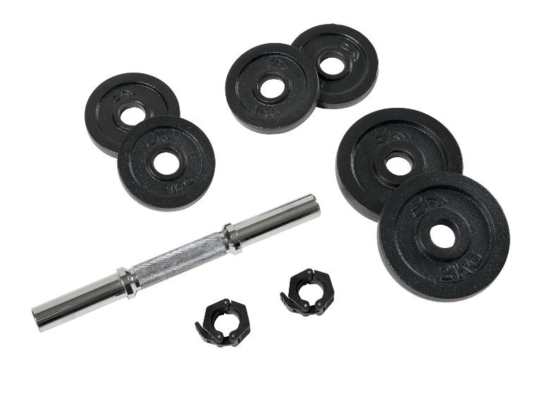 Halterset met 1 kg en 2 kg gewichtsschijven, stang en klemmen.