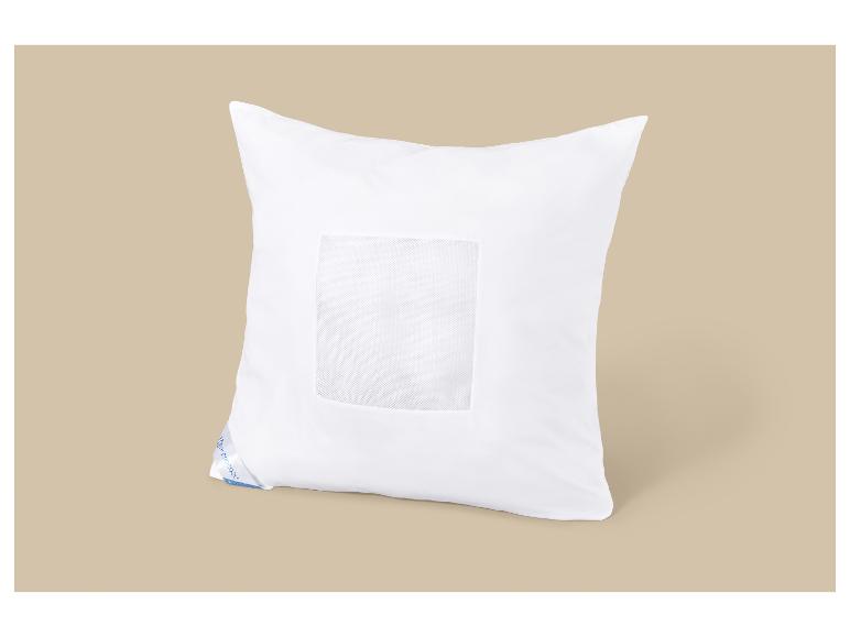 Wit kussen met ademend mesh gedeelte en een blauw label met tekst.