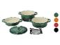 Set donkergroene gietijzeren kookgerei.