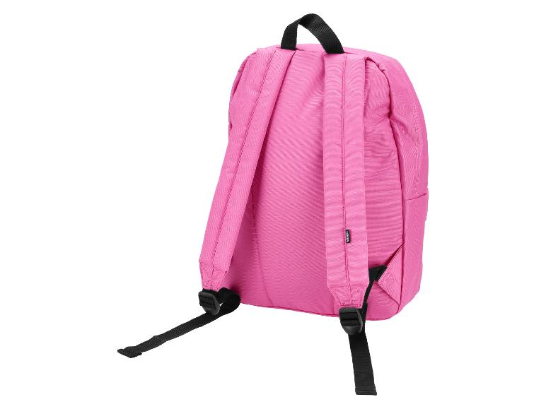 Roze rugzak met zwarte banden en handvat, achteraanzicht