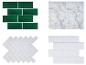 Vier zelfklevende tegelpanelen: groen, wit marmer, wit visgraat en witte metro.