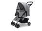 Grijze huisdierenbuggy met gaas, handvat en opbergmand.