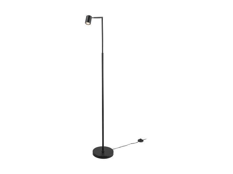 Zwarte staande lamp met verstelbare spotlight.
