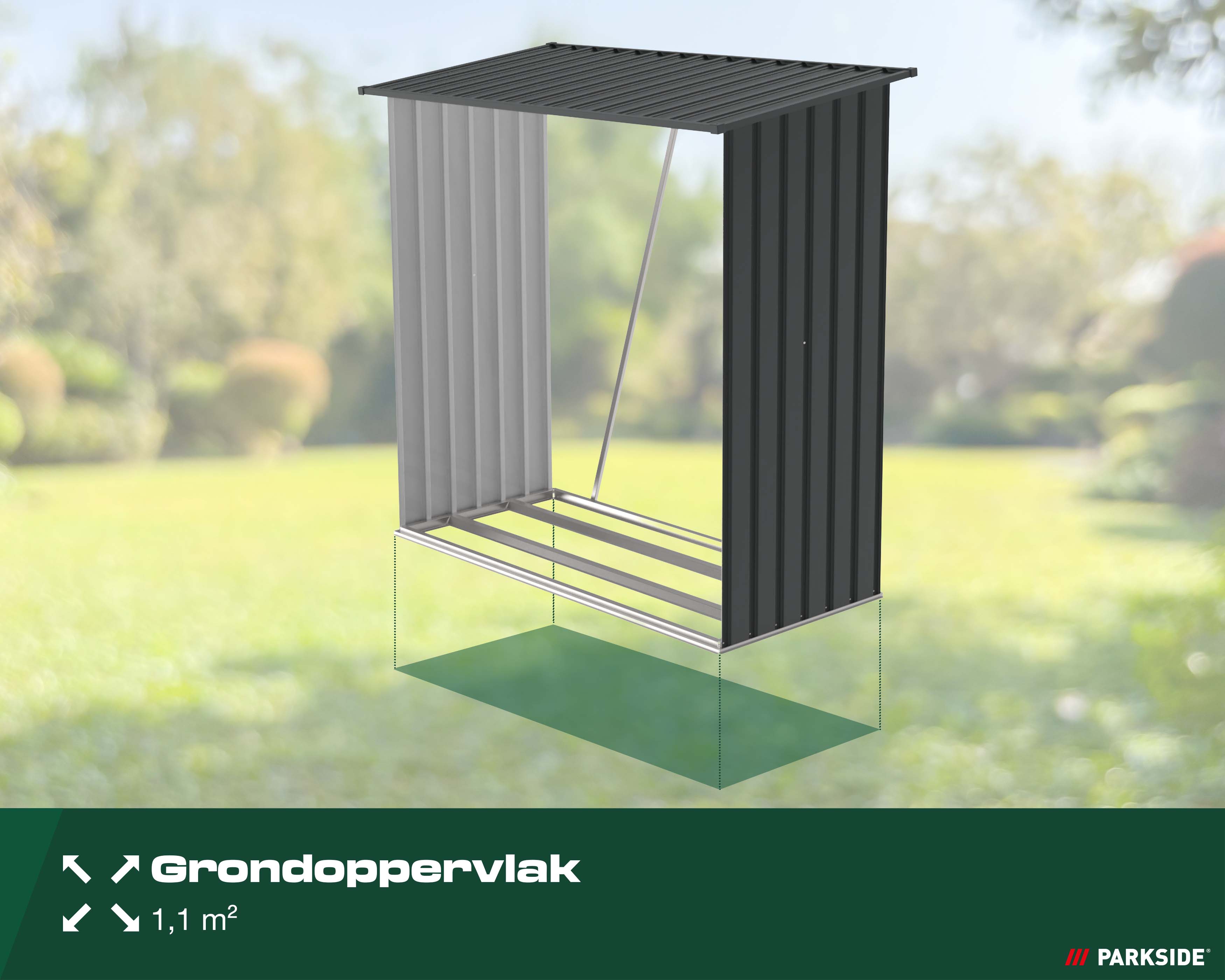 Parkside brandhoutrek met een groen gemarkeerd grondoppervlak. Tekst onderaan: Grondoppervlak 1,1 vierkante meter