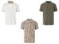 Drie poloshirts: crème, olijfgroen en beige met tropische print.