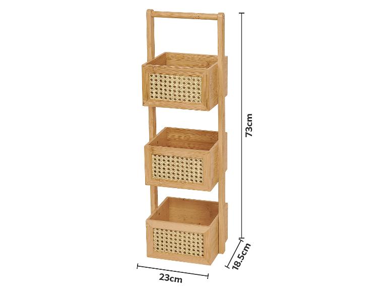 Bamboe hangend opbergrek met drie manden met rotan voorkant, afmetingen 73x23x18,5cm.