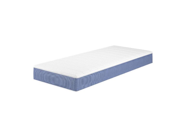 Een wit en blauw matras met een gestructureerd oppervlak.
