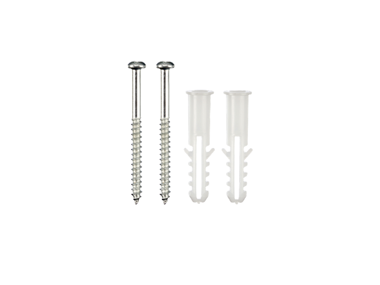 Twee zilveren metalen schroeven naast twee witte plastic pluggen.