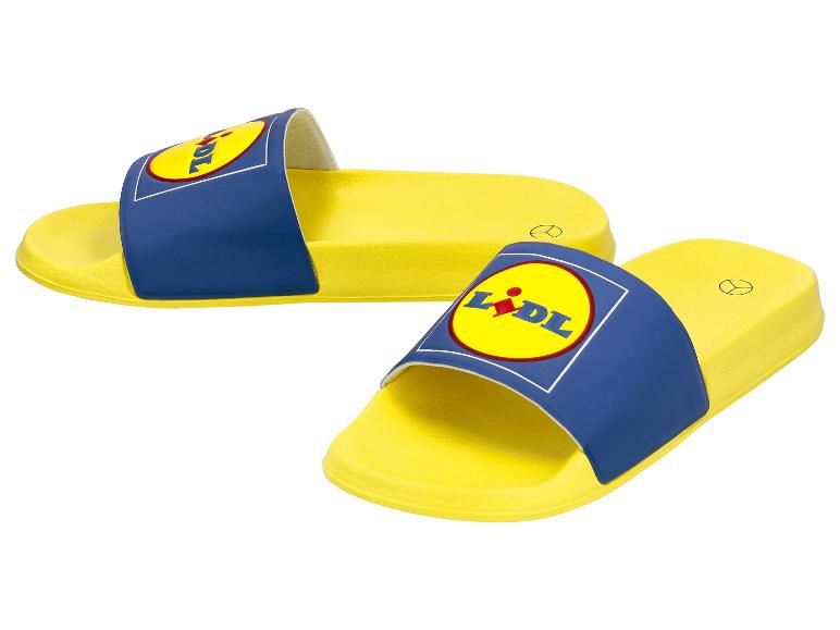 Gele en blauwe slippers met logo