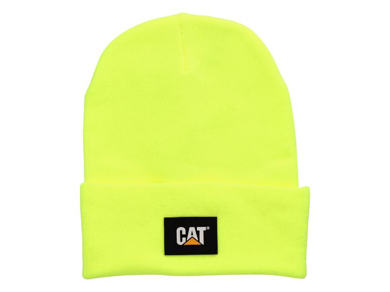 Een gele beanie met een CAT-logo.