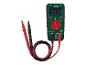 Groene en rode digitale multimeter met meetsnoeren, toont 0.000 V.