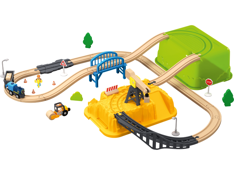 Houten treinset met trein, bouwvoertuigen en bruggen.