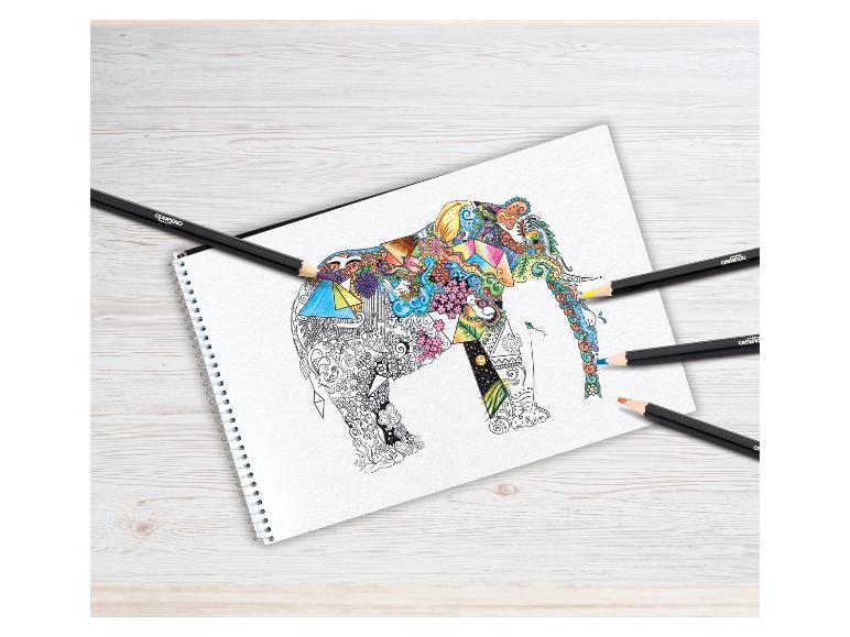 Een kleurboek met een olifant, Crelando kleurpotloden en een notitieboek.