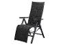 Zwarte, opvouwbare tuinstoel met verstelbare rugleuning en voetensteun.