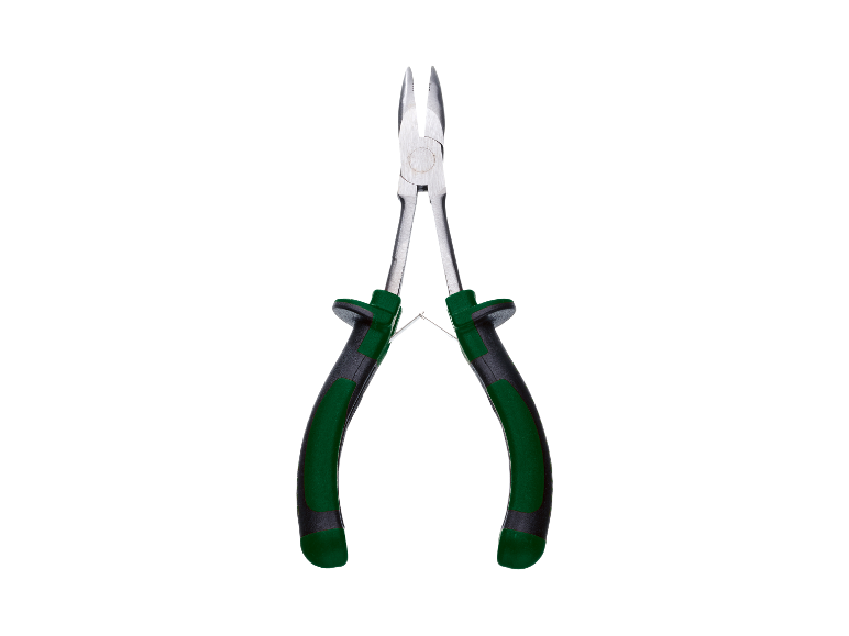 Pincet met fijne punt en groene handgrepen.