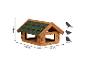 Houten vogelvoederhuisje met groen dak, afmetingen 23x38x31 cm, met vogelsilhouetten.