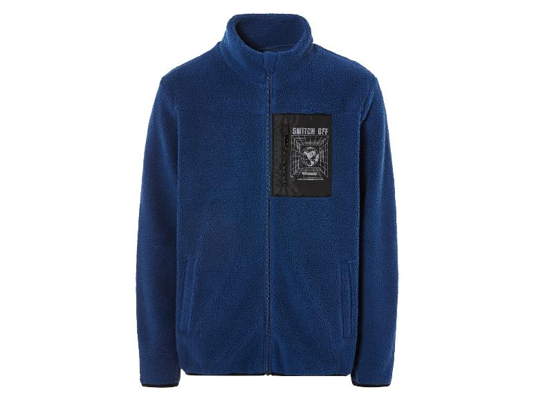 Een blauwe fleece jas met een 'Switch Off'-logo.