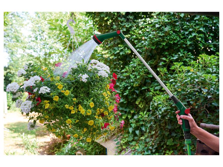 Water geven aan een hangmand met kleurrijke bloemen, met een Parkside gietlans