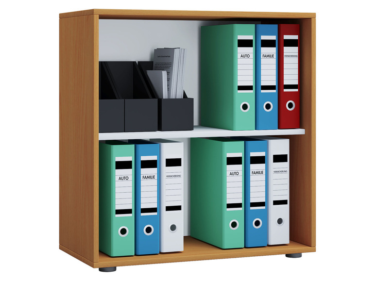 Een houten boekenkast met groene, blauwe en rode ringbinders met labels 'auto', 'familie' en 'verzekering'.