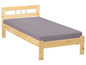 Een houten bedframe met een grijs matras.