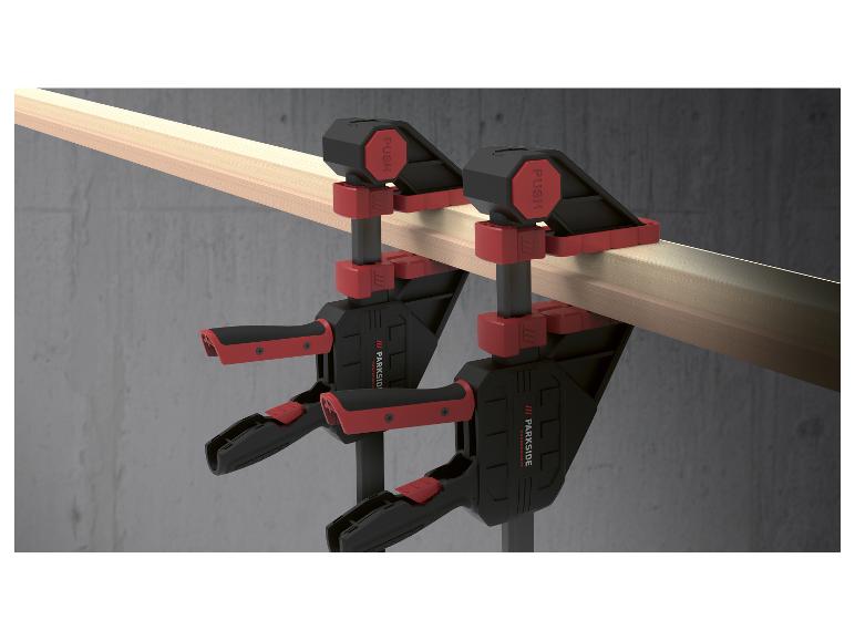 Twee Parkside Performance klemmen op een houten plank.