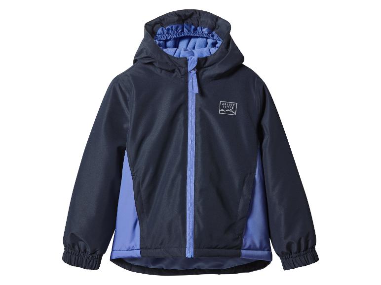 Kinderregenjas in marineblauw en blauw met capuchon en rits.