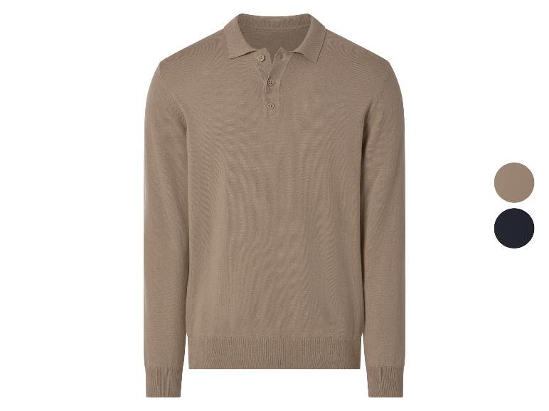 Bruin poloshirt met lange mouwen en knopen, met twee kleurstalen: bruin en donkerblauw.
