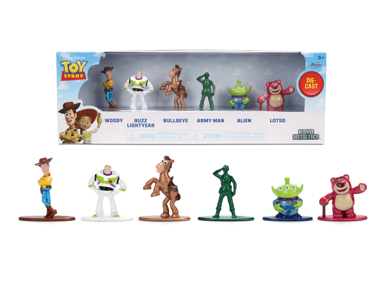 JADA Toy Story Nano metalen figurenset, in en uit de verpakking.