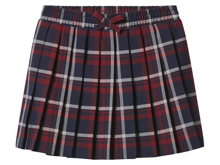 Geplooide rok in rood, blauw en wit ruitpatroon, met elastische taille en strik.