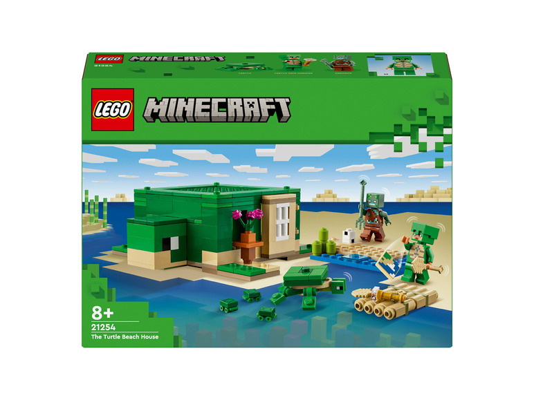 LEGO Minecraft set met een schildpadhuis, boot en minifiguren.