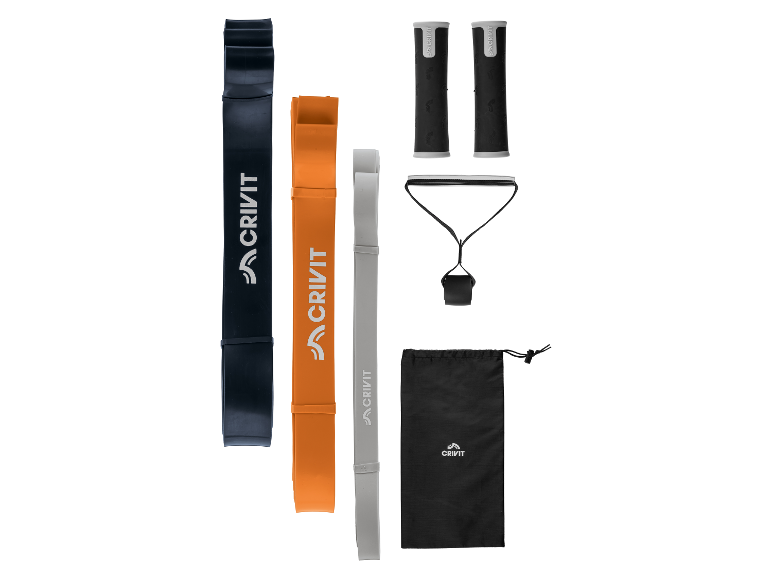 Crivit fitness set: resistance bands, handgrepen en tas.