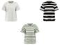 Drie T-shirts: één wit, één zwart-wit gestreept en één groen-wit gestreept.