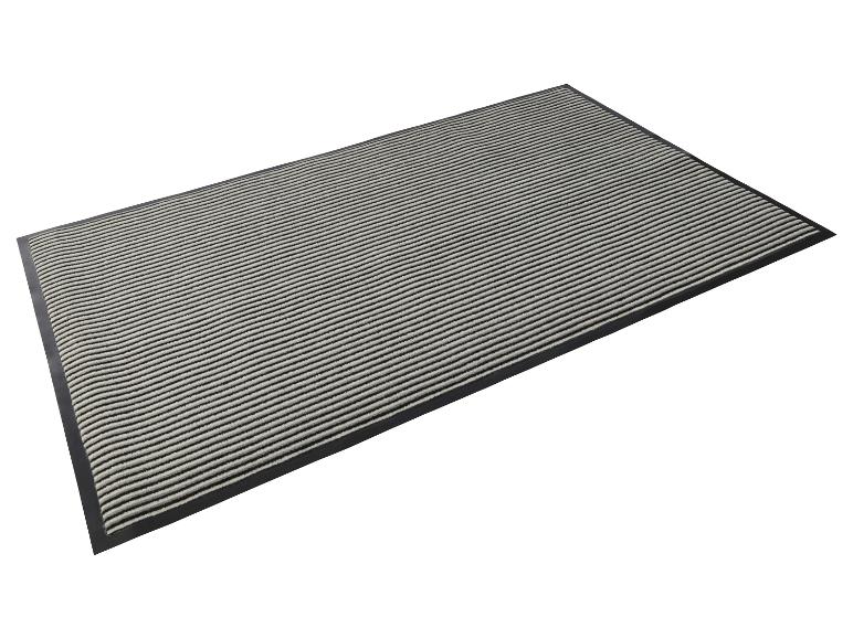 Een gestreepte deurmat met een zwarte rand.