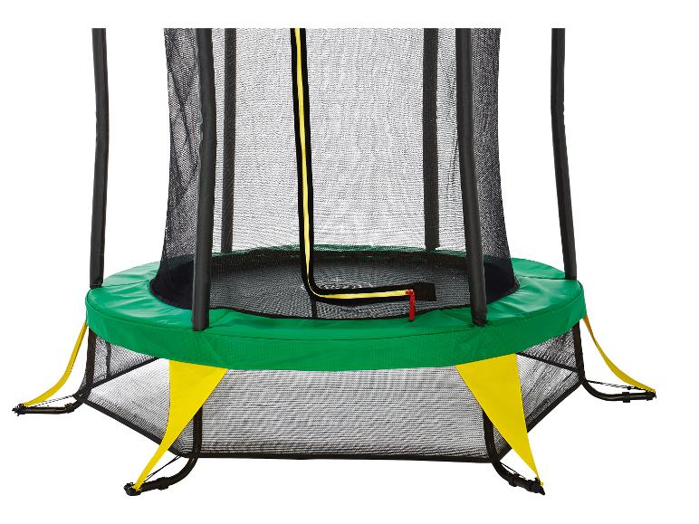 Een groene trampoline met een zwart veiligheidsnet.