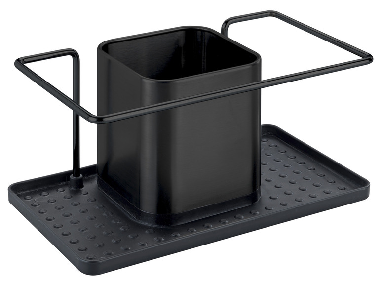 Een zwarte draadrek met een spoelhouder en een afdruipbak.