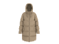 Lange beige pufferjas met capuchon en rits.