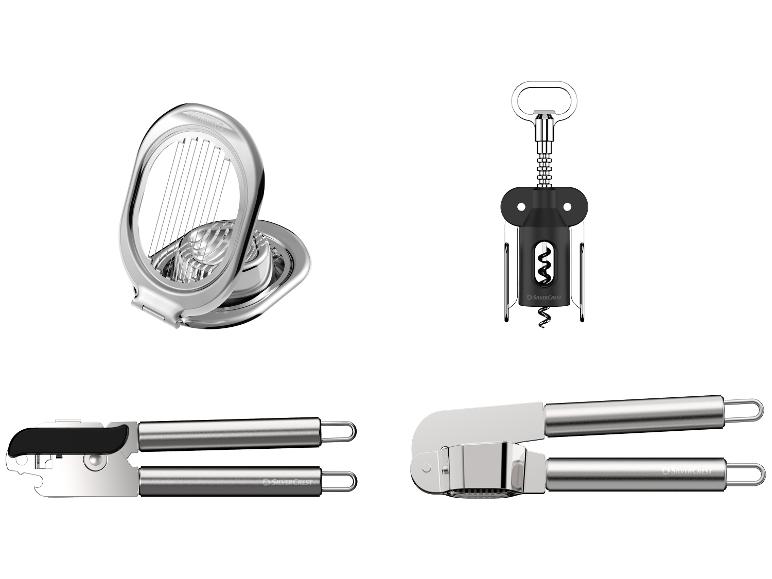 Een set keukenhulpjes inclusief eiersnijder, kurkentrekker, blikopener en knoflookpers.