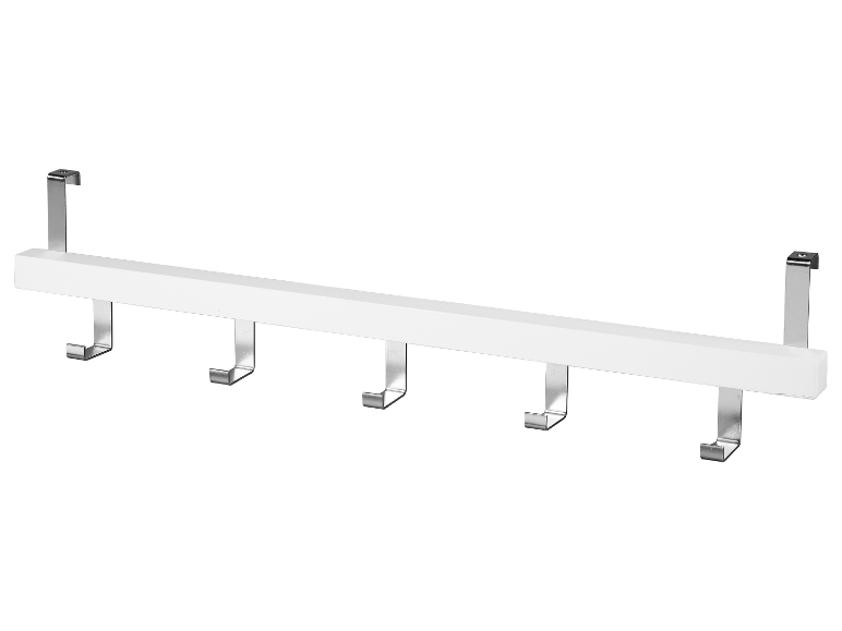 Witte wandkapstok met vijf metalen haken.