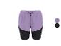 Paarse en zwarte 2-in-1 sportshorts met trekkoord.