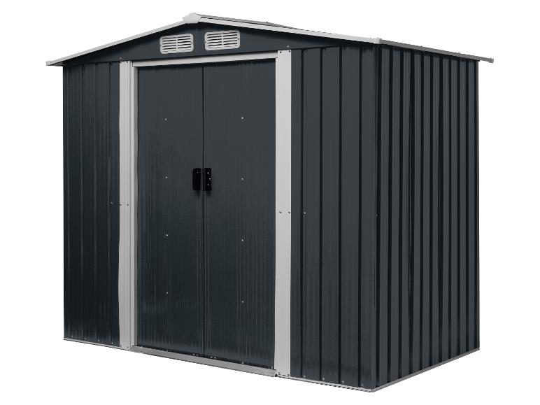 Donkergrijze metalen tuinschuur met dubbele deuren en ventilatieopeningen op een witte achtergrond.