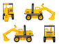Vier gele speelgoedgraafmachines met grijpers.