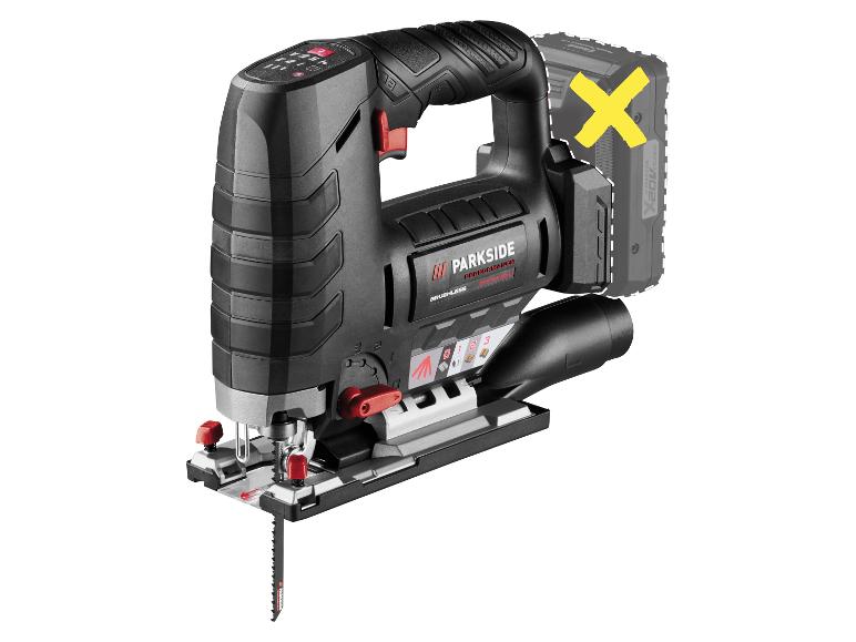 Zwarte accudecoupeerzaag met rode accenten en verwijderbare batterij.