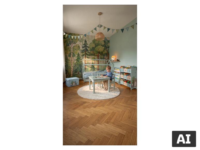 LUPILU® kinderboekenkast in een kinderkamer met bosthema en een spelend kind aan een tafel [AI-gegenereerde afbeelding]
