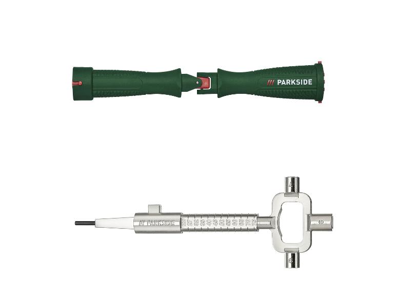 Groen tuingereedschap met handvat en buissleutel met maten.