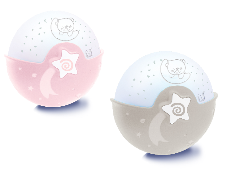 Twee Béaba Kids nachtlampjes, roze en beige, maanvormig met beer.