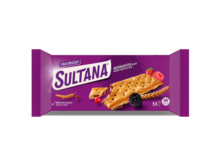 Bosvruchtenbiscuit in een paarse verpakking met afbeeldingen van bessen en tarwe.