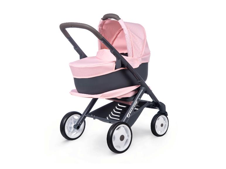 Een roze Maxi-Cosi kinderwagen met een draagmand.