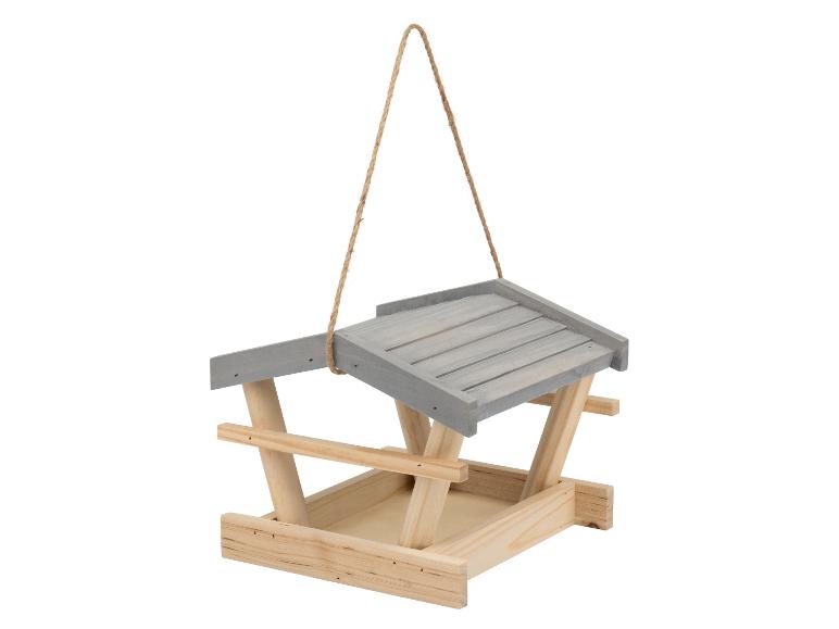 Houten vogelvoederhuisje met grijs dak en ophangtouw