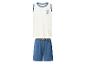 Wit herenhemd met blauwe bies en blauwe shorts met merktaillband.